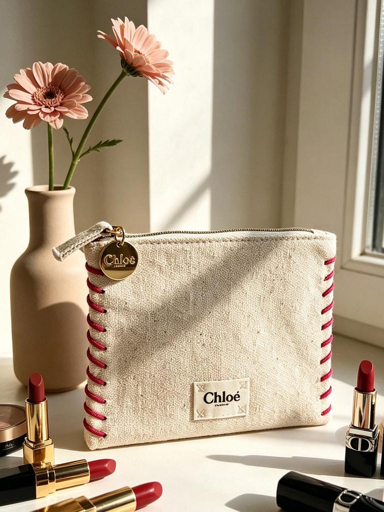 CHLOE Linen Cosmetic Makeup Bag, Red Stitching Zipper Pouch, Portable Travel Storage Purse, Small Canvas Toiletry Bag for Women