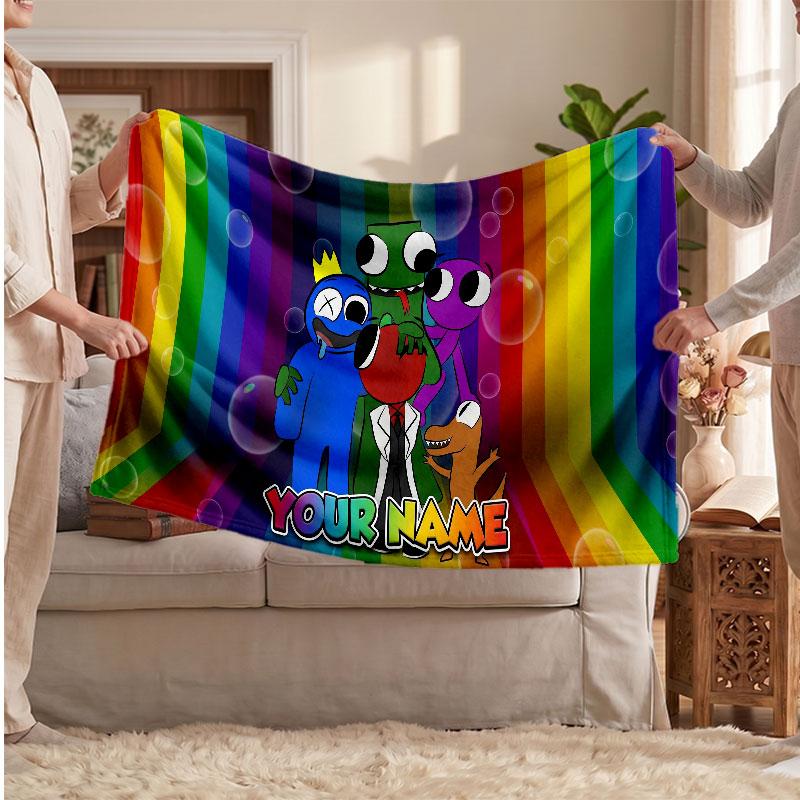 Rainbow Friends Personalized Flannel Blanket, Custom Printed Text Name, Warm Soft Blanket For Couch Bed