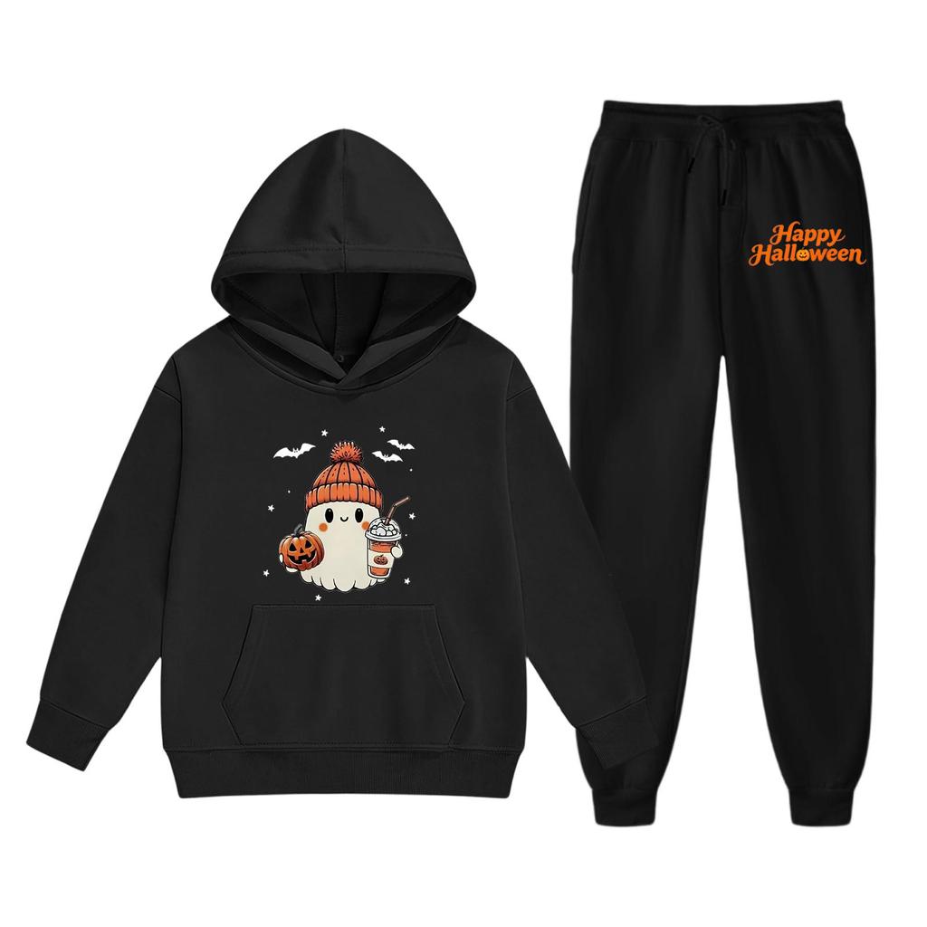Kids Halloween Hoodie Set with Graphic Print Pullover Sweatshirt and Matching Pants Comfortable Casual Outfit for Boys and Girls