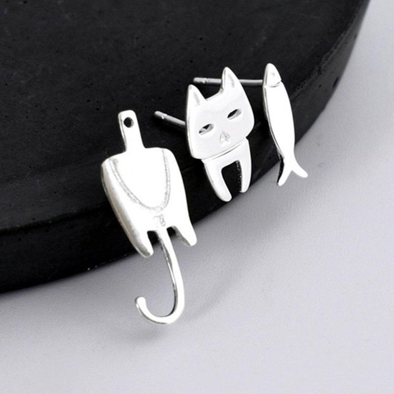 1 Pair Cut Cat Fish Stud Earrings Sweet Little Fish Cat Studs for Women Gift Silver Studs Earrings