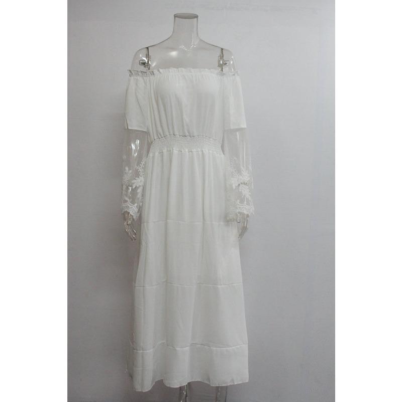 Women's White Chiffon Lace Jacquard Off-Shoulder Evening Gown - Elegant Long Dress for Wedding & Formal Events