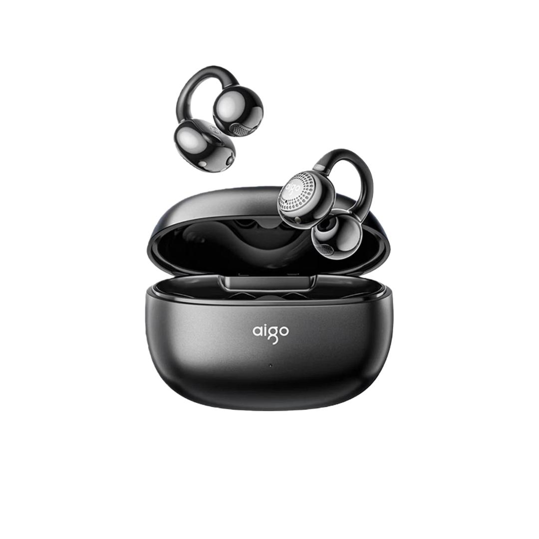 

aigo Bluetooth Headphones, Bone Conduction Concept Ear Clip, Open-Style, Wireless, Noise-Cancelling, Gray
