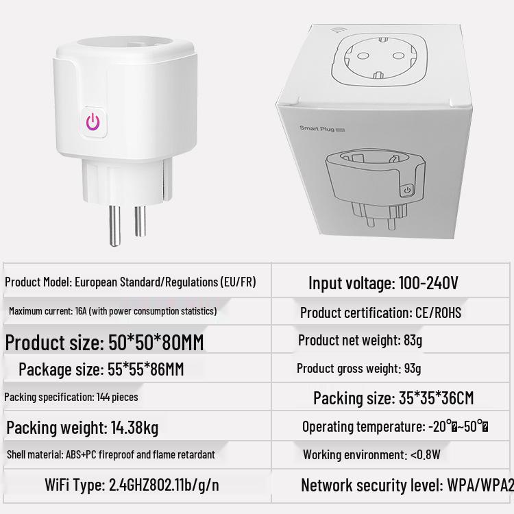 Smart WiFi Socket with Power Metering, 16A European Standard