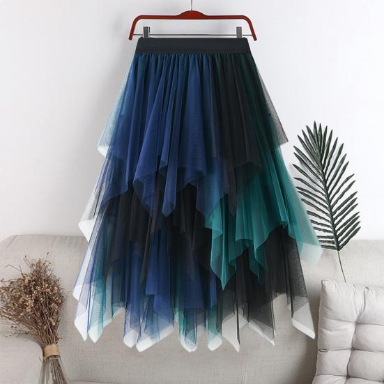 Damen Tüllrock Hohe Taille Faltenrock Asymmetrischer Damenrock Kontrastfarbe Unregelmäßiger Saumrock