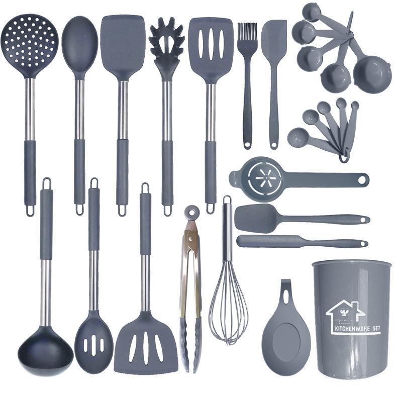 27-piece silicone kitchen utensil set, including spoons, heat-resistant tongs, whisk, and stand