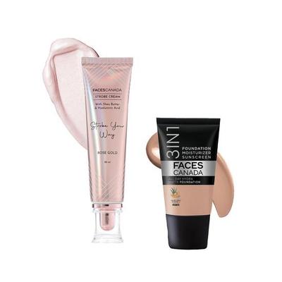 FACESCANADA Rose Glow Kit Puder | Rose Gold Strobe Creme mit voller Deckkraft (30ml) + Warme, natürliche, ganztägige Hydra Matte Mini Luminous Foundation (15Ml)