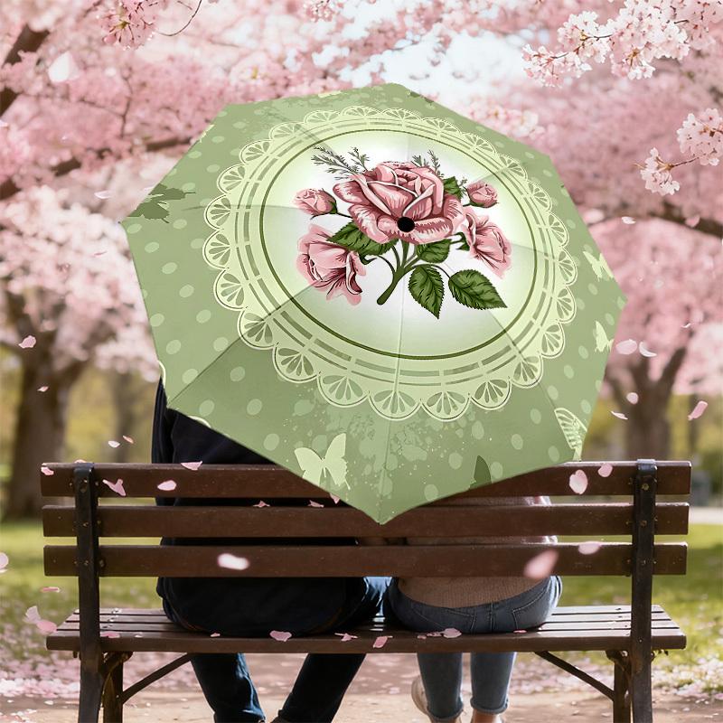 1PC Rose ButterflyAutomatic Open/Close Umbrella with Windproof, 8-Rib Sturdy Canopy, Durable Ribs, Fashionable Design, Outdoor Accessory, Fun Prin, Ho