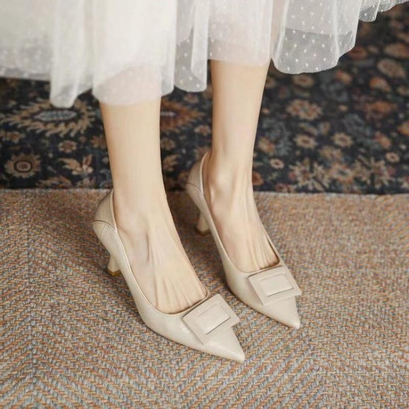 Soft leather temperament high heels women's thin heels 2025 spring and autumn new French single shoes women's shoes shallow mouth pointed middle heel