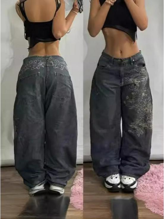 Men's High-Waisted Hip-Hop Loose Denim Embroidered Casual Jeans