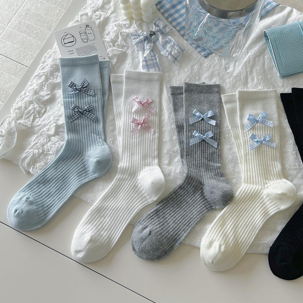 Ballet Style Solid Color Bow Mid Tube Socks Summer Cotton Lightweight Breathable Fashionable Soft Comfortable Casual Women Socks