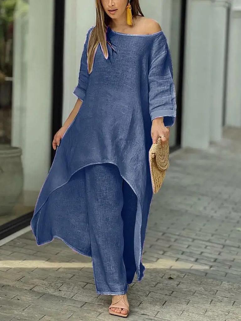 New Women's Cotton Linen Fashion Casual Plus Size Irregular Long Sleeve Set Wide Leg Pants Two Piece Outfit