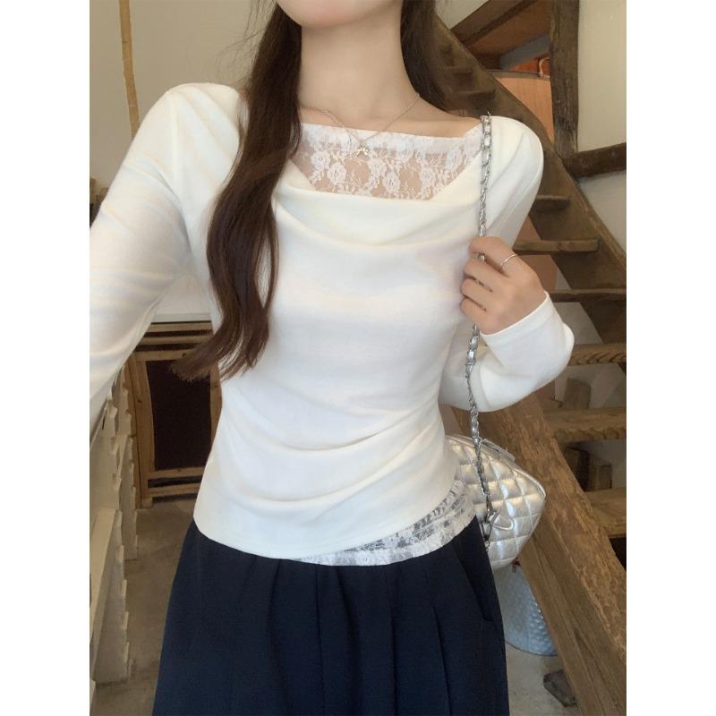 White Swing Collar Lace Long Sleeve T-shirt Women's Early Autumn Wear with Bottoming Shirt Slim Waist Top