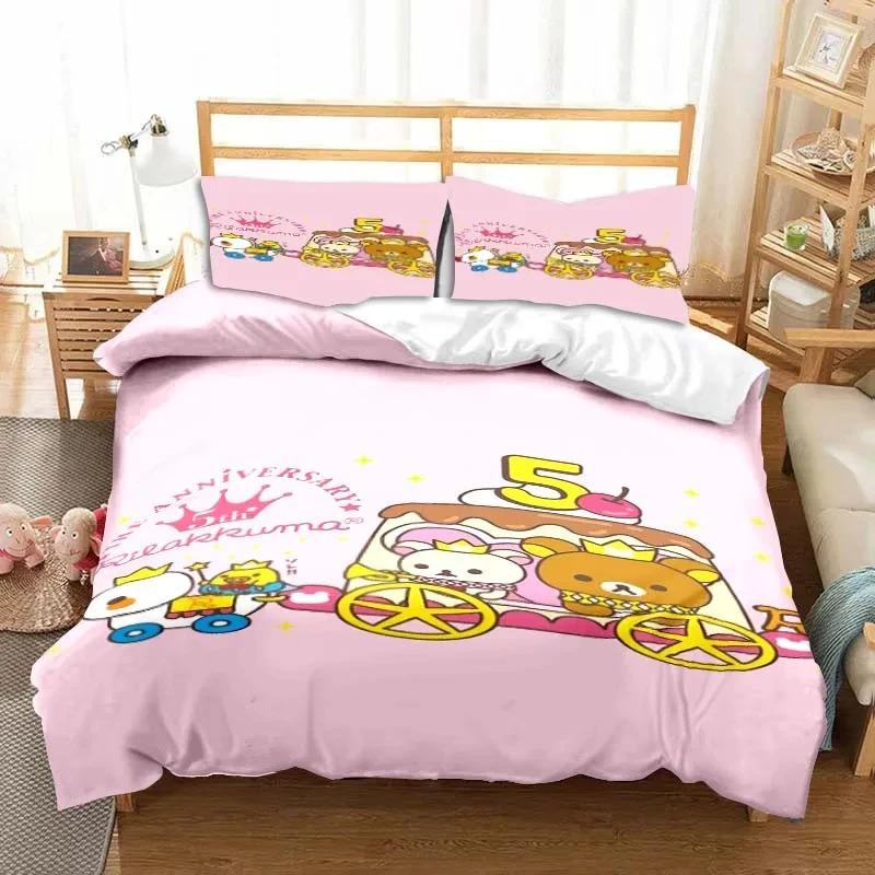 3dCartoon Rilakkuma Ayı Yatak Takımı Yorgan Kılıfı Yatak Takımı Yorgan Kılıfı Yastık Kılıfı Yorgan King Queen Boy Erkek Çocuk Yetişkin Yatak Takımı