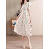 Summer 2024 Retro Floral Puff Sleeve V-Neck French Midi Dress with Waist Slimming Design