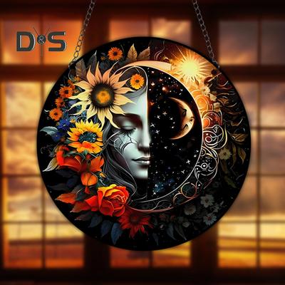Sun Moon Flower Hanging Sign Round Indoor Outdoor Front Door Window Wall Art Acrylic Welcome Plate Pendant Decoration