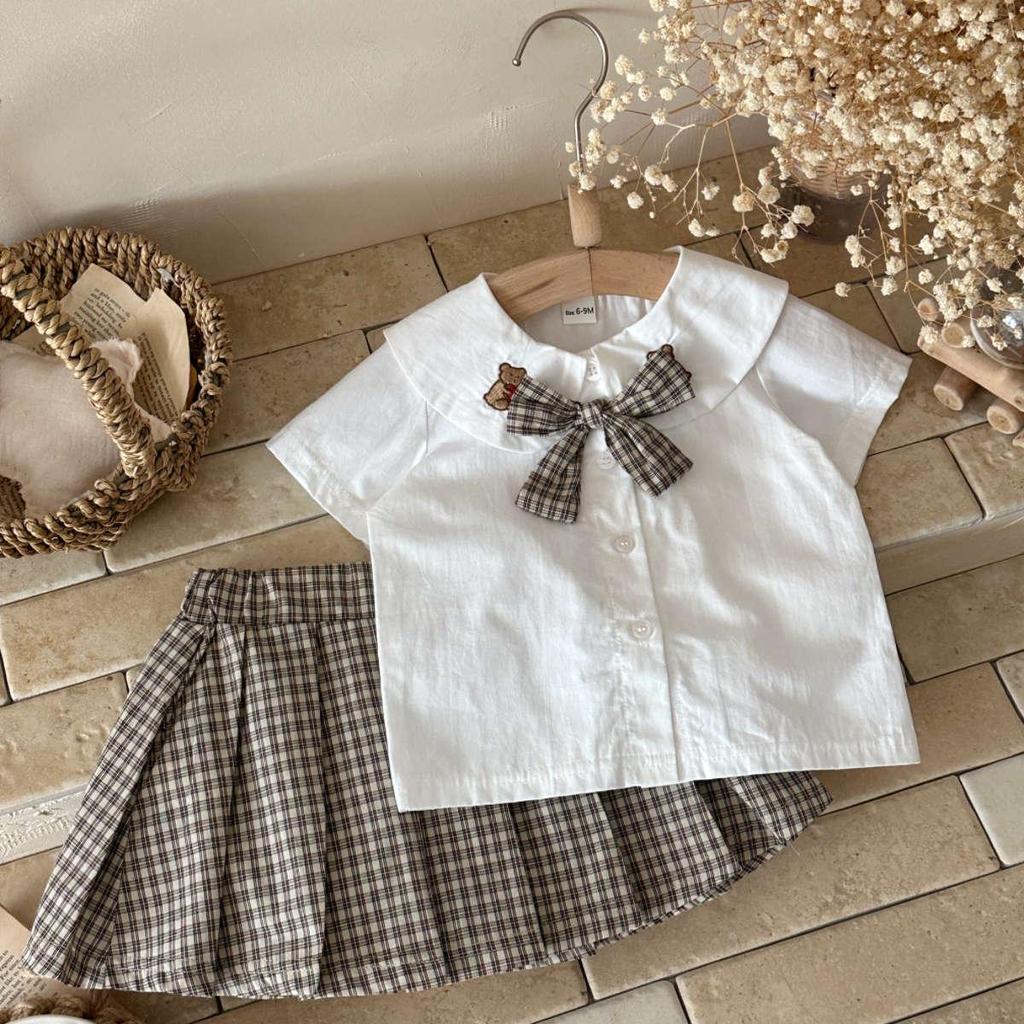 Children's 2026 Summer Plaid Pleated Skirt Set - Girls Two-Piece Outfit