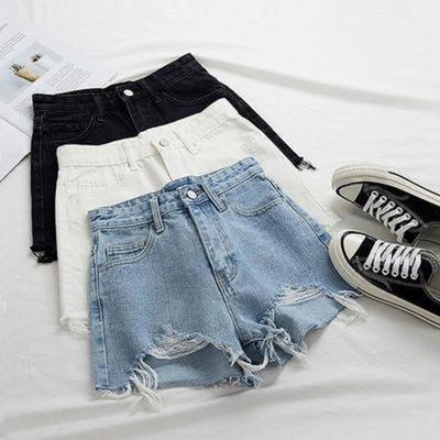Cotton-containing Ripped High-waist Denim Shorts for Women In Summer Versatile Slim A-line Pants Bristled Wide-leg Pants for Women