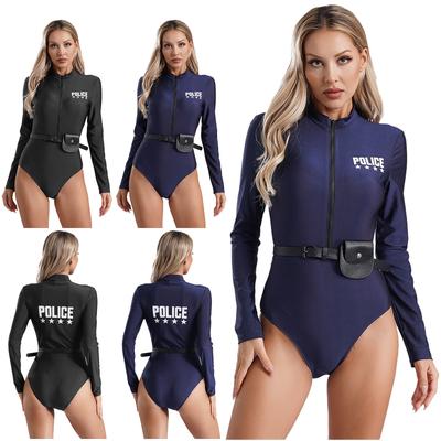 Womens Police Uniform Bodysuit Front Zipper Long Sleeve Print Design Belt Purse Included Cosplay Costume