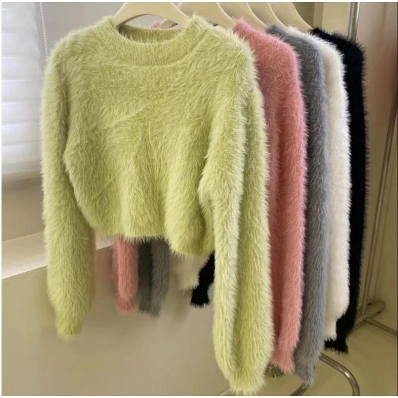 Autumn Winter Dopamine Sweet Soft Glutinous Short Sweater Loose Slimming Imitation Mink Fur Knitted Top for Women T-Shirts Women’s