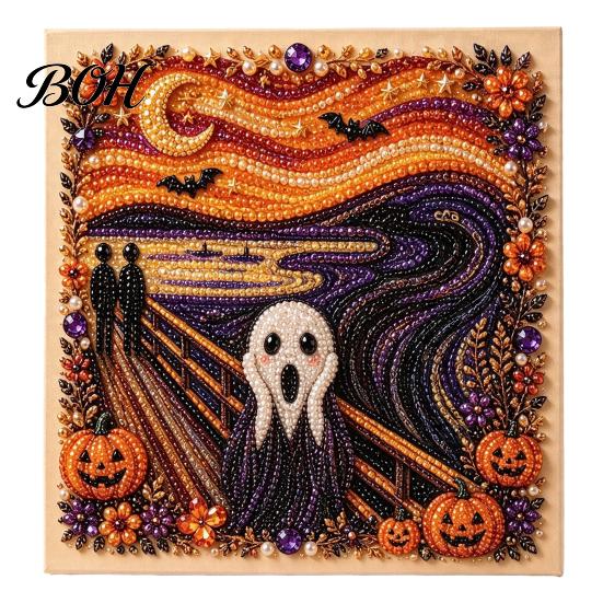 Jesienna Dekoracja Świąteczna Halloween Sztuczna Perła Artystyczna Zestaw DIY, Zestaw Rękodzieła Haftu Koralikowego 3D, Straszny Ręcznie Robiony Duch Dynia Koza Wiedźma Sztuka na Ścianę, Sezonowy