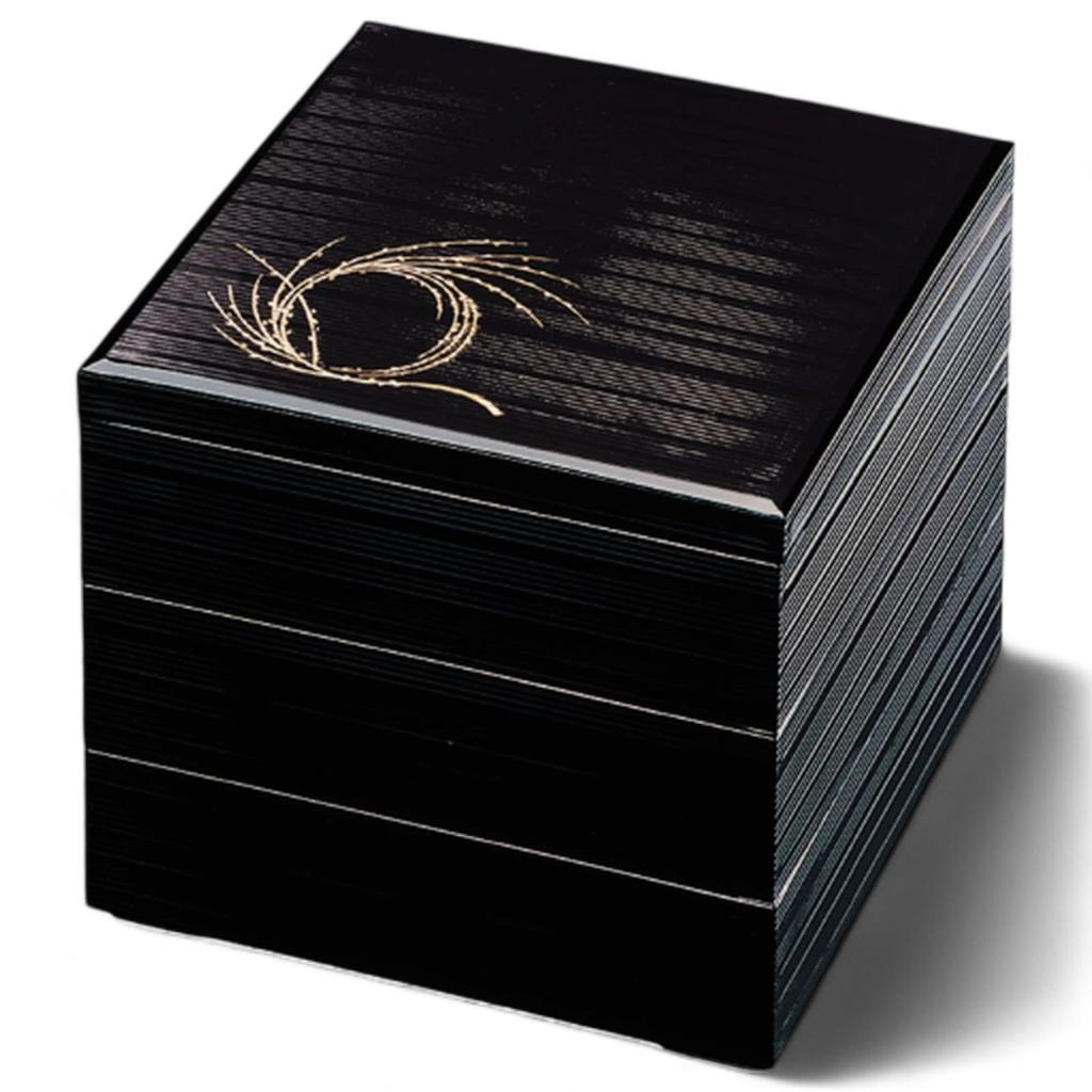 J-kitchens Lacquerware 3-Tiered Jubako Box, 8.5 inches, Black with Senjiki and Willow Knots, 25cm, Resin, Made in Japan