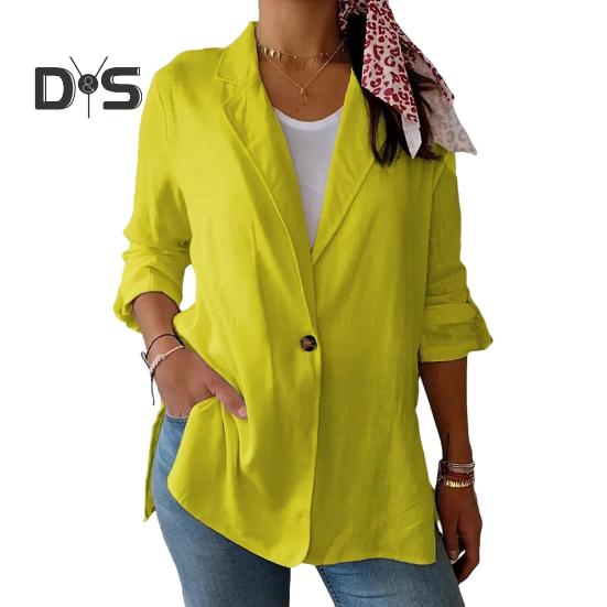 Женский пиджак с лацканами, длинный рукав, однобортный пиджак с боковыми разрезами, однотонный, на одной пуговице, деловая верхняя одежда M жёлтый