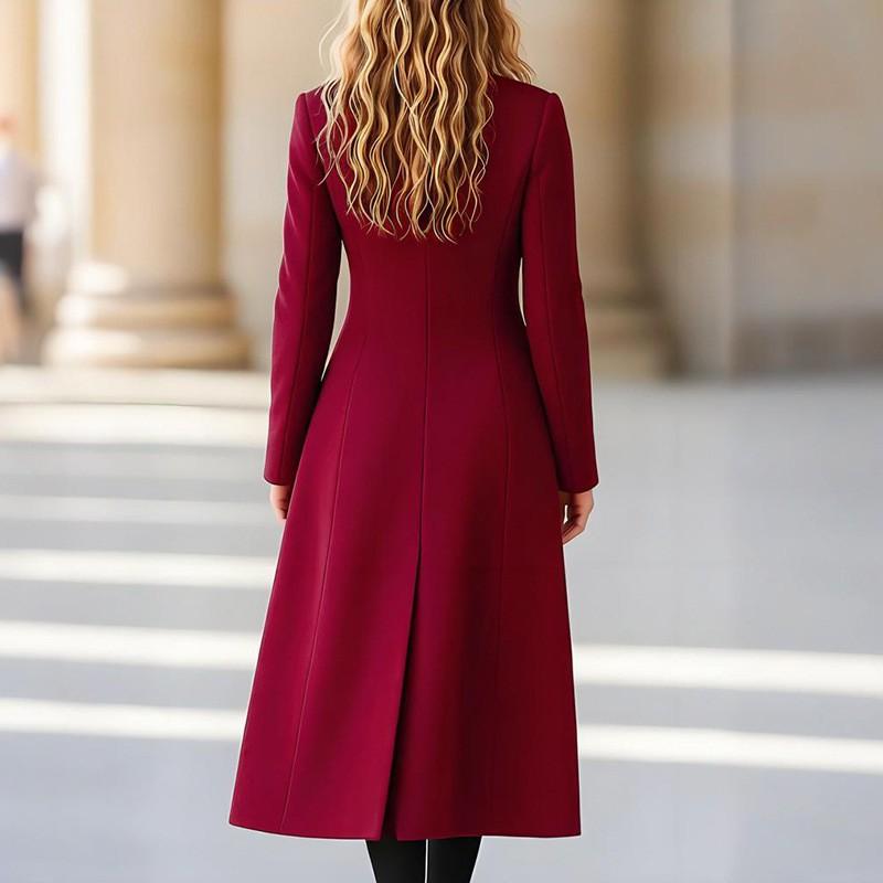 Womens Double Breasted Long Wool Coat Solid Color Slim Fit Elegant Commuter Style