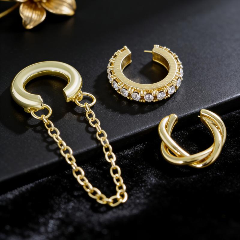 3Pcs Fashion Rhinestone Decor Ear Cuff Earrings for Woman Exquisite Metal Multi-Layer U-Shaped 2026 New Arrival Ear Clip Jewelry