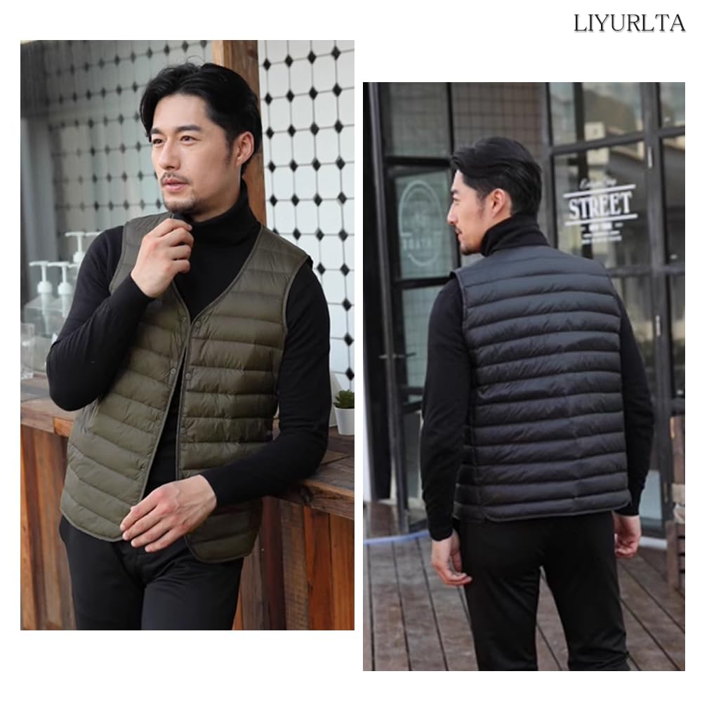LIYURLTA Ultralight Inner Down for Fall and Includes Storage LIY50 Men's Vest, Collarless, Water-Repellent, Lightweight, Warm, Cold-Wearing, Thin,