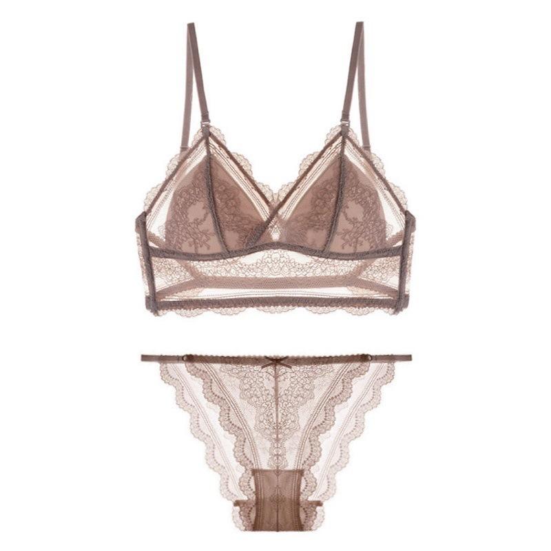 Summer popular U-shaped beautiful back underwear sexy lace rimless thin bra French triangle cup bra set