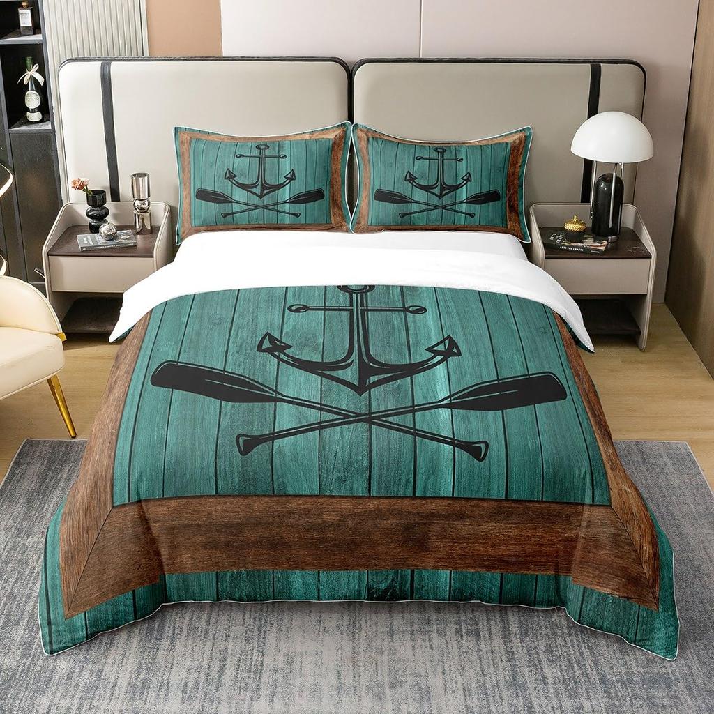 Anchor Bedding Set Nautical Sailboat Duvet Cover Wood Board Design Pattern Comforter Cover for Boys Ocean Theme Quilt Cover