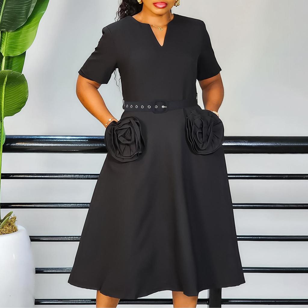 Elegantes A-Linien-Kleid mit V-Ausschnitt für Damen - Sommer 2025 Mode, Übergröße, Kurzarm, Taillenschlankmachend, Europäischer & Amerikanischer Stil