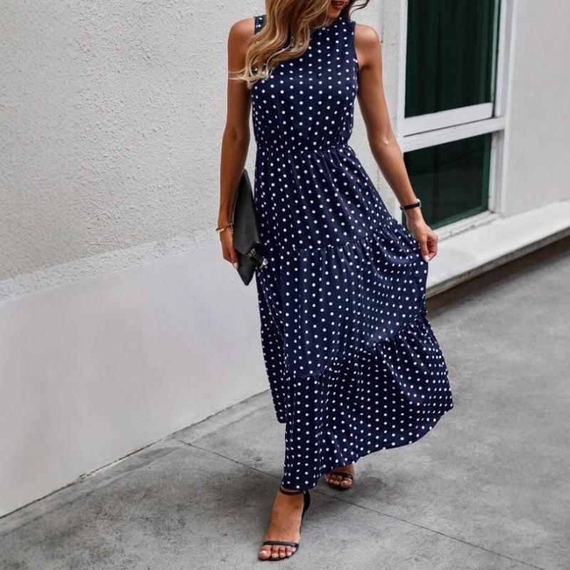 New Elegant Women's Polka Dot Sleeveless Long Dress Round Neck Layered Ruffle Flowing Long Dress High Waist Summer Vacation Casual Beach Dress