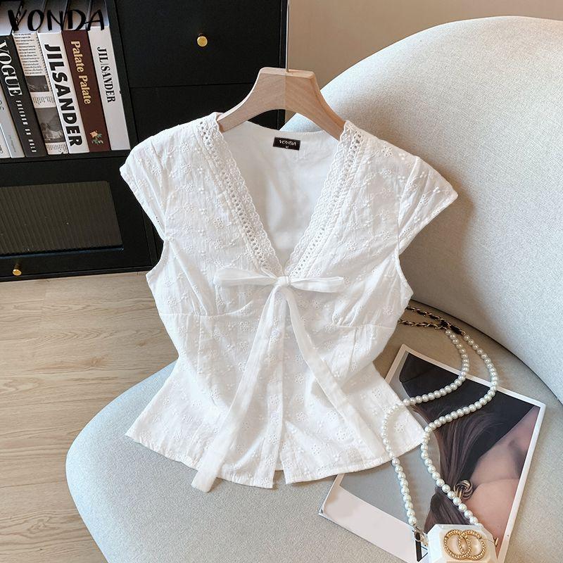 VONDA Women V Neck Short Sleeve Embroidery Buttons Up Crochet Lace Casual Blouse