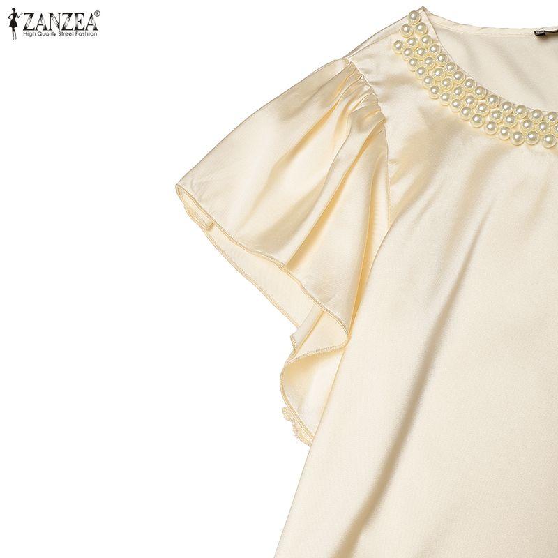 ZANZEA Women Pearl Splice Round Neck Casual Short Sleeve Satin Blouse