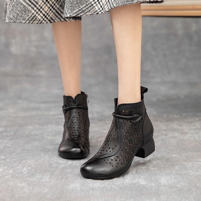 Spring and summer new hollow hole cool boots leather retro women's boots thick high heel Martin boots women's