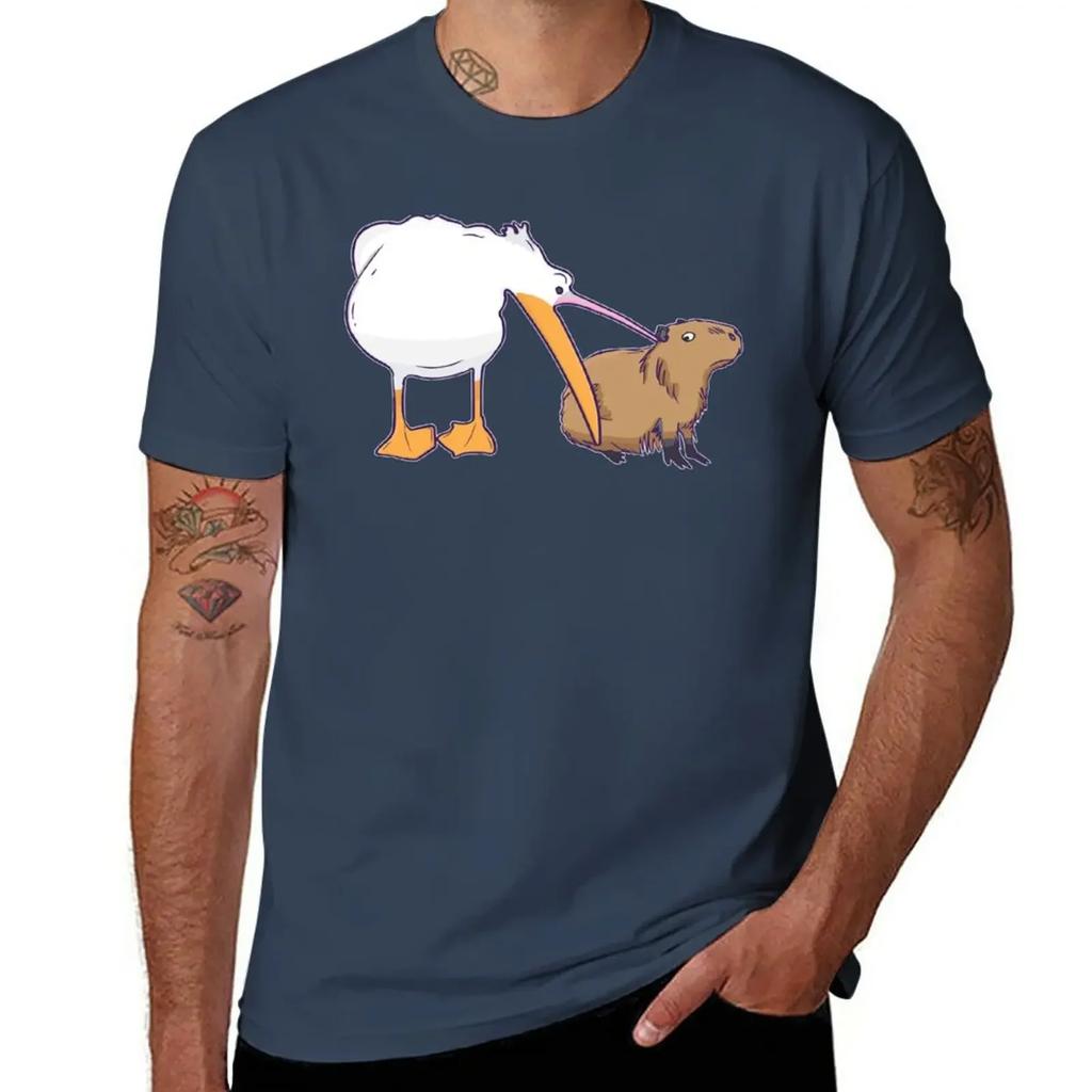 Pelican Tries to Eat Capybara Funny Cute Meme T-Shirt korean fashion blacks for a boy Men's t-shirt