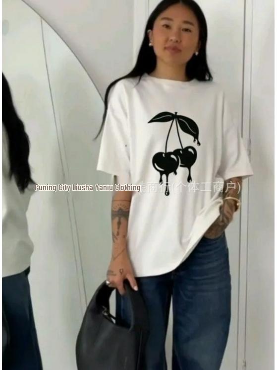 

100% Cotton Cherry Print Short Sleeve T-Shirt, European American Style S белый
