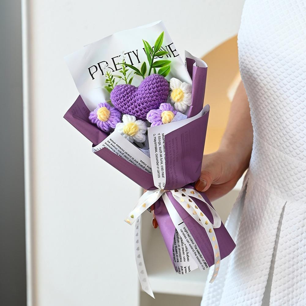 

Knited Heart Artificial Flower Crochet Bouquet Wedding Guest Gift Home Decoration Graduation Bouquet Valentine s Day фиолетовый