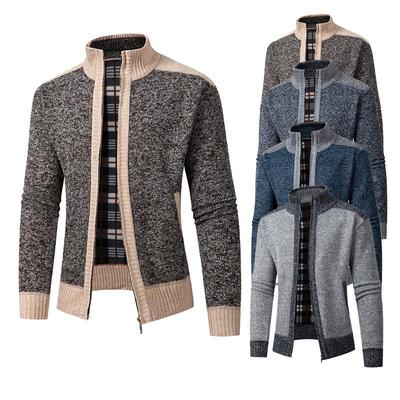 Herfst Winter Nieuwe Stijl Heren Opstaande Kraag Kleurblok Bovenkleding Vest Fleece Gevoerd Dik Warm Gebreid Jas
