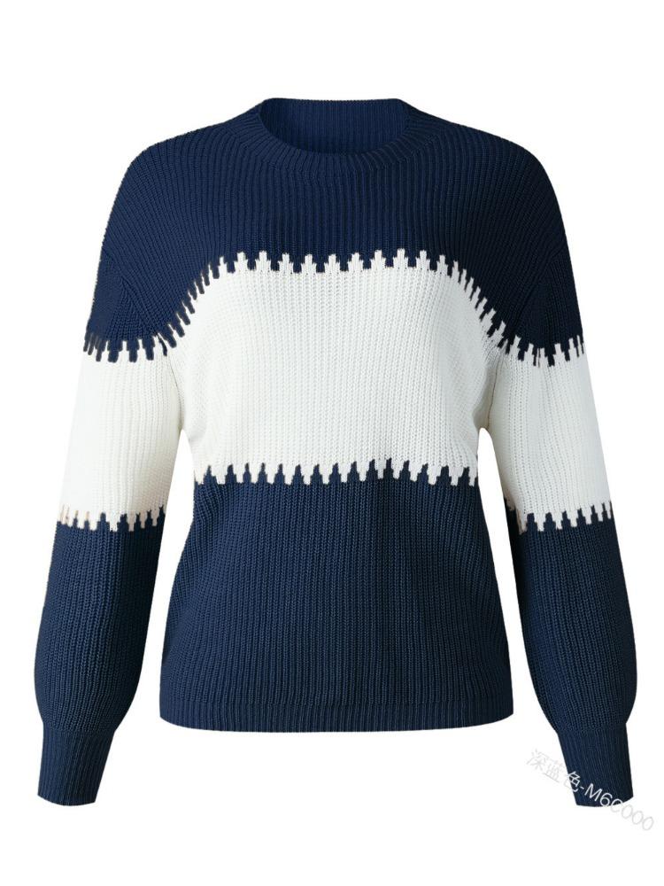 Contrast Colour Striped Knitted Sweater for Women Bell Sleeves Top Women's Round Neck Luxurious Relaxed-fit Slimming and Versatile Top