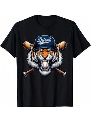 Detroit Tiger Graphic Men's T-Shirt - Vintage Style Cotton Crew Neck Tee With Baseball Bat Design, Black Casual Sportswear For All Seasons