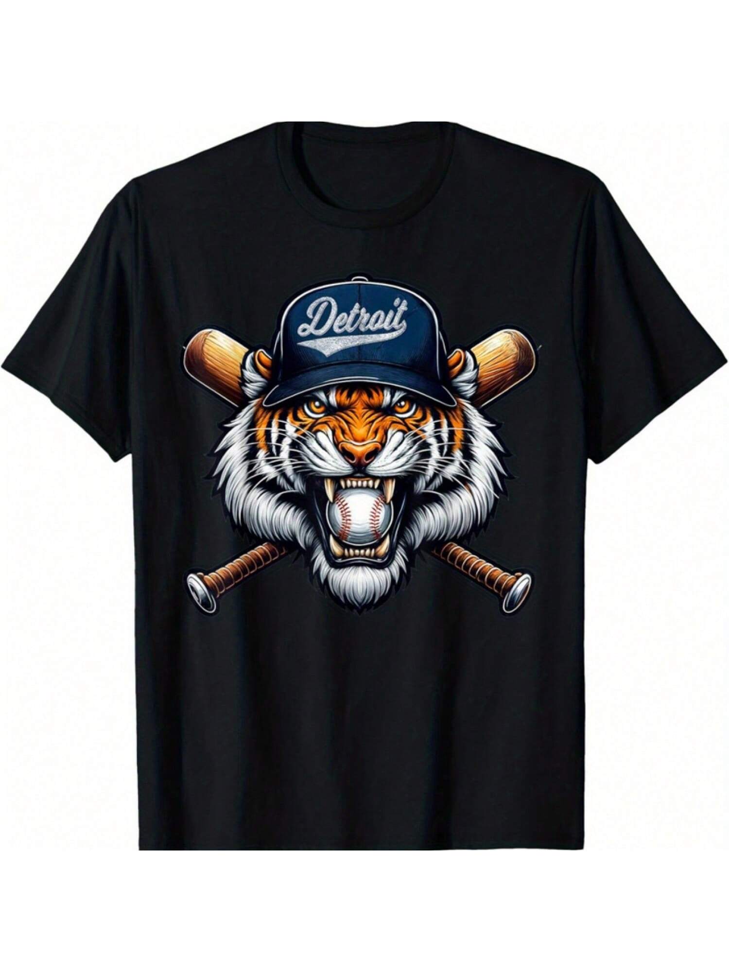 

Detroit Tiger Graphic Men s T-Shirt - Vintage Style Cotton Crew Neck Tee With Baseball Bat Design, Black Casual Sportswear For All Seasons S