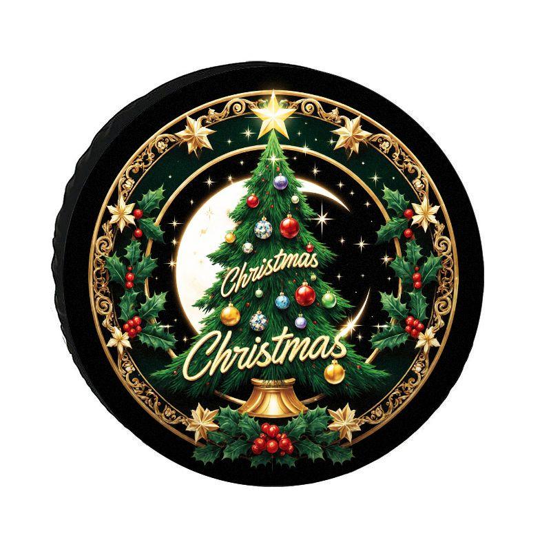 Fit Christmas Tree Car Tire Cover With Golden Trim & Snowflake Holly Berry Wreath - Heavy-Duty All-Weather Wheel, Golden For Hub