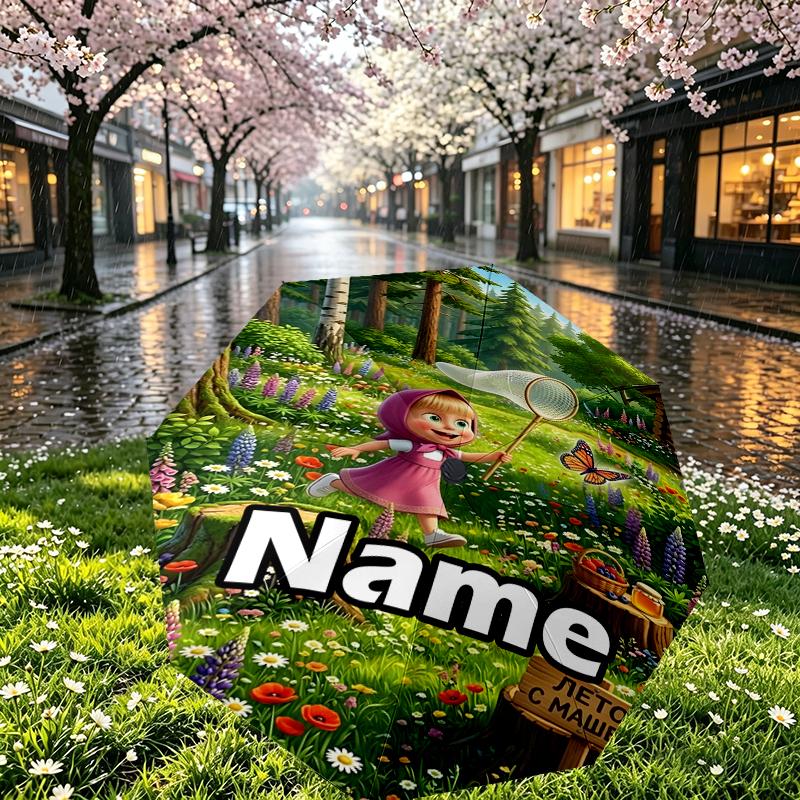 Custom Name Personalized Masha and The Bear Print Umbrella, Auto Open Close, 8‑Rib Sturdy Frame, Commute Camping Hiking Use, Birthday Gift
