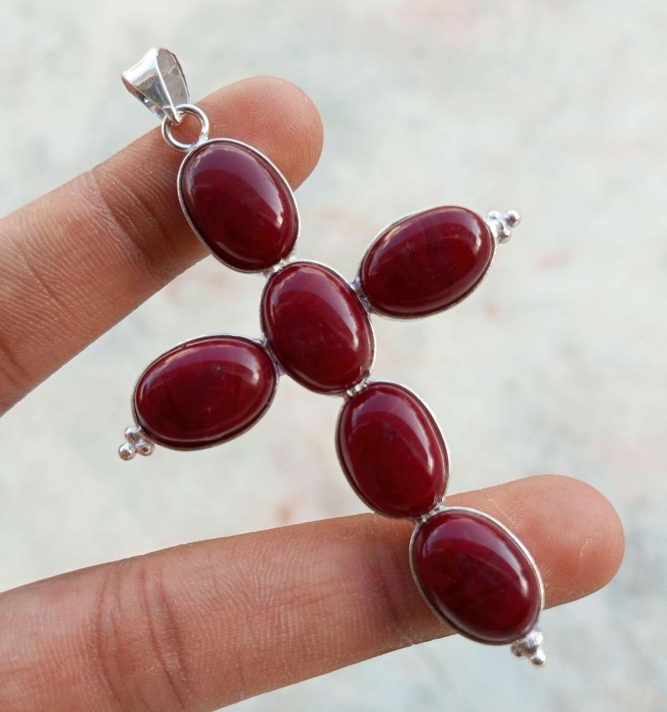 Red Jasper Gemstone 925 Sterling Silver Plated Gifted Cross Shape Pendant Jewelry NST-J2H538