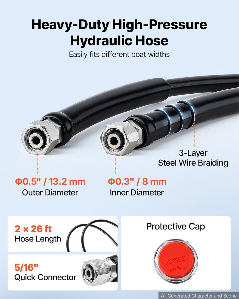 Hydraulic Steering Kit 300HP Hydraulic Outboard Steering System 7.92m, Marine Boat Steering System, 2.5 MPa Helm Pump, Two-Way Lock Cylinder, 7.92 m