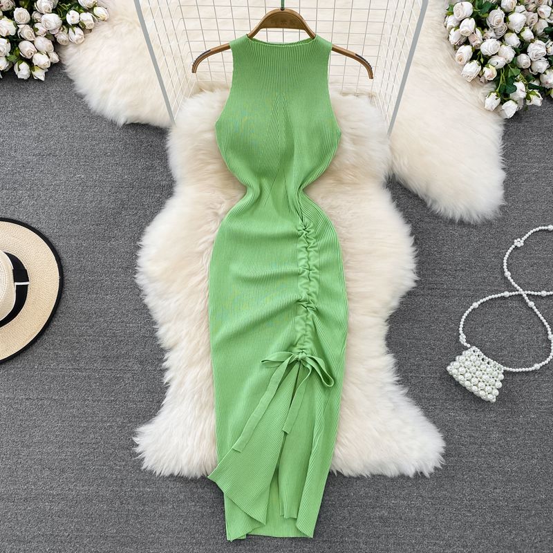 

Ruched Retro Drawstring Base Narrow Knitted Vest Skirt Green One size