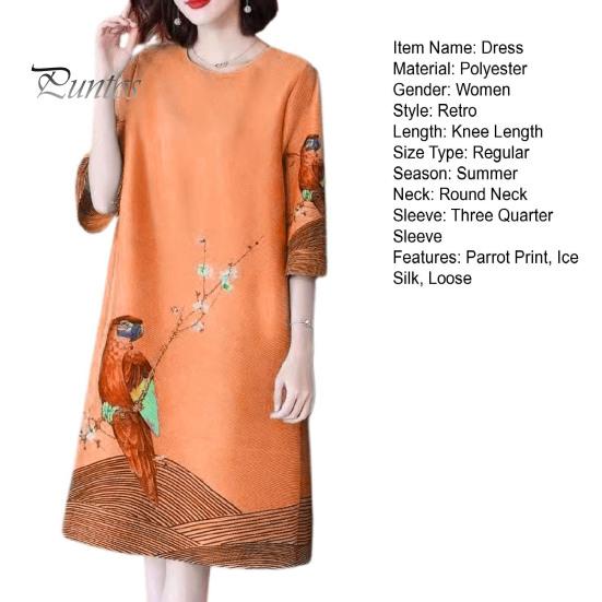 Retro Print Dress Women Summer Three Quarter Sleeves Loose Parrot Ice Printed Silk Knee Length Pullover Party Commute Office Midi O Neck