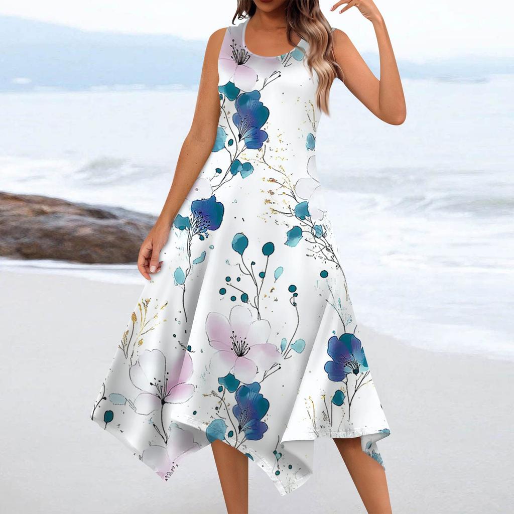 Women's Casual Fashion Round Neck Sleeveless Floral Print Irregular Hem Midi Dress